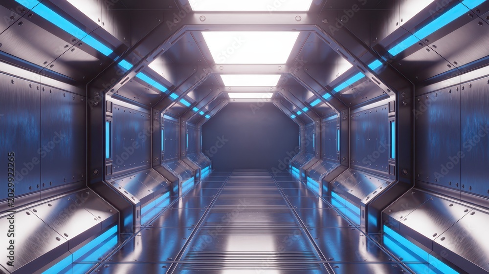 Obraz premium Futuristic metallic corridor with glowing blue and white lighting design