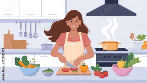 Tableau sur toile Happy woman cooking in a bright modern kitchen with fresh ingredients Vector