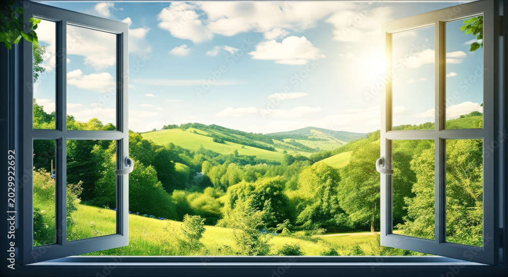 Fototapeta premium Scenic Landscape Nature View Background: Beautiful Outdoor Panorama and Mountain Scenery Seen from Inside a Window.