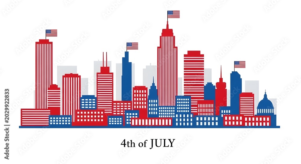 Fototapeta premium 4th of july city skyline silhouette with american flags