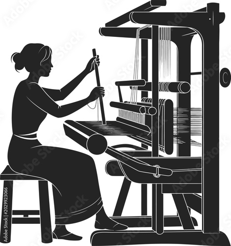 Konstfotografi Silhouette of woman artisan working on traditional wooden handloom weaving machi