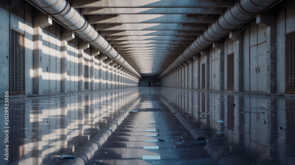 Fototapeta premium Modern industrial corridor with reflective water and steel pipe ceiling