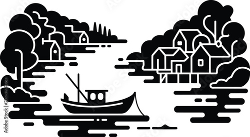 Billede på lærred Black and white of a houseboat on a river with trees and a bridge