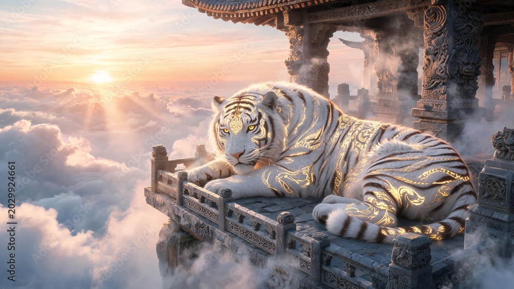 Fototapeta premium A majestic white tiger rests peacefully on an ancient architectural balcony amidst clouds and a golden sunrise
