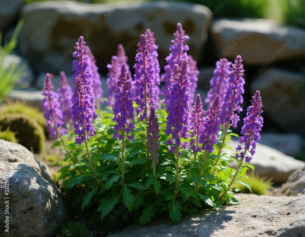 Obraz premium Spiked speedwell flowers bloom with green leaves in garden rockery. Purple violet blossoms grow near stones and grass. Summer nature detail.