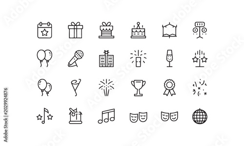  Event planning web icons in line style. Holiday, event, party, celebration, entertainment