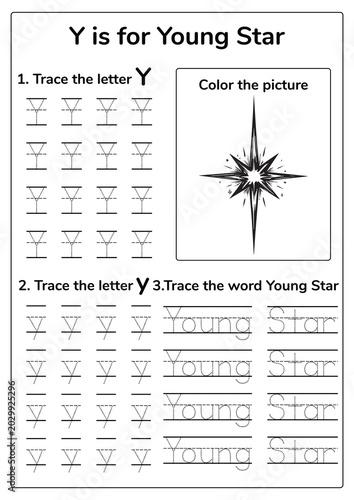Space-themed educational worksheet for kids featuring “Y is for Young Star,” illustrating star formation in space. Perfect for preschool and kindergarten alphabet learning and handwriting practice.