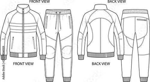 Bild auf Leinwand Men tracksuit fashion technical flat sketch template with front and back view of