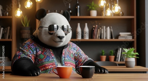 A stylish illustrated panda in colorful clothing and sunglasses sits at a wooden desk with coffee. Warm pendant lights and shelves with books and plants create a cozy, modern workspace.
