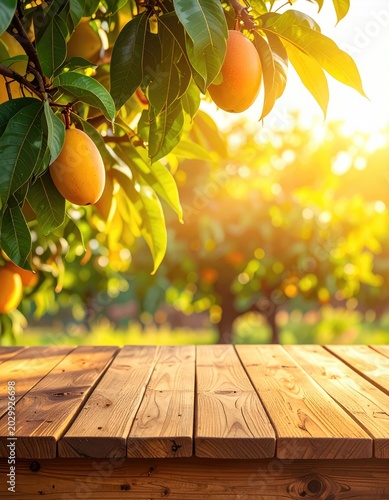 Ripe orange fruits hang from a tree, bathed in golden sunlight, over a wooden table