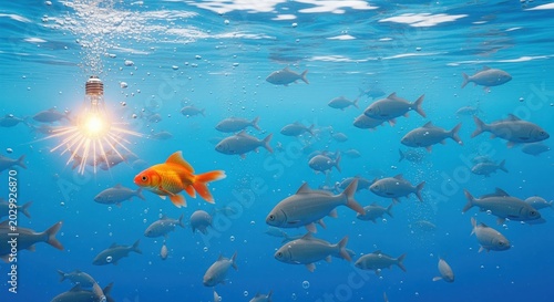 A bright goldfish swims among gray fish in blue ocean water with sunlight from above. Symbolizes standing out, being unique, and individuality. Perfect for concepts about success.