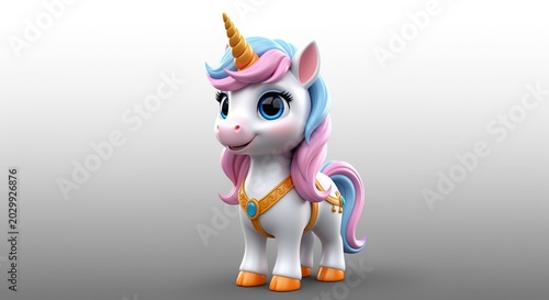 A cute cartoon unicorn with white body, golden horn, and pink mane. Features large blue eyes, orange hooves, and colorful bridle. Perfect for children's books, games, and fantasy designs.
