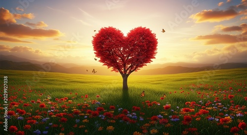 A heart-shaped red tree stands in a green meadow with red flowers at golden sunset. Butterflies flutter around as mountains frame the horizon. Perfect for love and nature themes.
