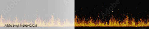 Photography Realistic fire flame border with sparks set, atmospheric burning bonfire wall an