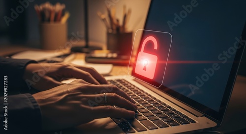 Cyber Security Breach Concept with Red Unlocked Padlock Icon Over Laptop Screen and Hands Typing