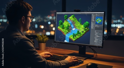 Young Game Developer Creating 3D Voxel Art Landscape on Computer at Night in Home Office