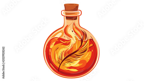 Fiery magic potion bottle vector icon with editable stroke, adjustable line weight for alchemy and wizardry designs. Colorful flame elixir in glass flask, customizable stroke weight illustration.