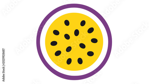 Vibrant vector illustration of a passion fruit cross-section icon, featuring a purple rind, yellow pulp, and black seeds, perfect for cocktail garnish, healthy food, and exotic fruit designs.