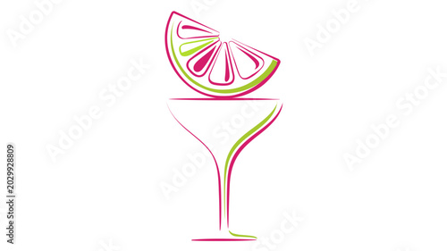 Creative colorful line vector icon of a cocktail glass with a citrus lime slice garnish, isolated on a white background, perfect for bar menus, drink recipes, and summer party graphic elements.