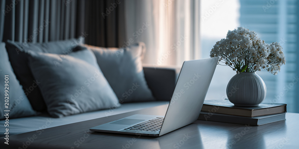 Fototapeta premium Clean Workspace with Laptop and Flowers in Living Room
