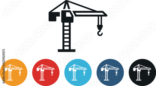 Fotografie Construction tower crane silhouette icon set with flat circular web buttons for