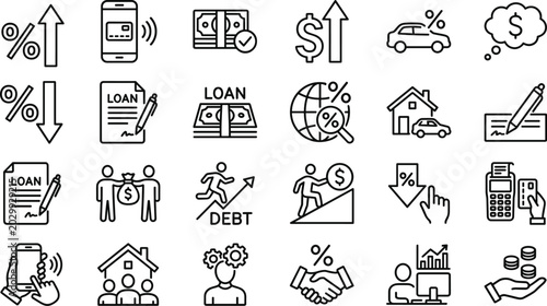 Photos Financial loan and debt management line icon set illustrating interest rates ban