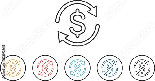 Foto Money transfer and currency exchange line icon set with dollar sign and circulat