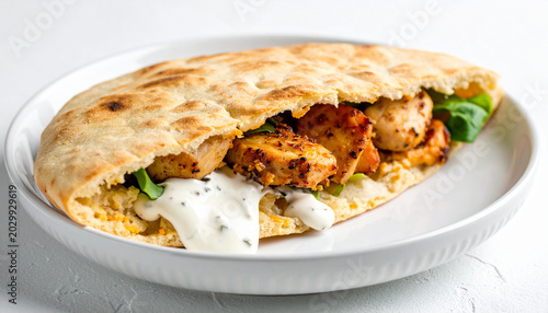 Warm pita pocket with seasoned chicken and creamy sauce, tasty snack, delicious food, juicy textures, white backdrop, ceramic plate, appetizing dish. Close-up.