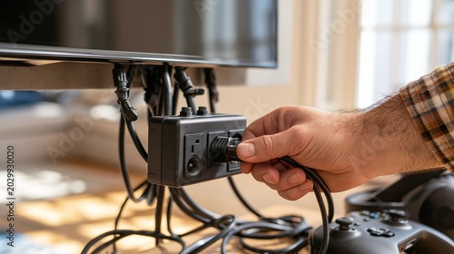 Closeup view of a homeowners arm plugging a compact surge protector into an outlet behind a mounted flatscreen TV with cable ties and gaming gear visible set against a softly