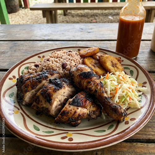 Slika na platnu A plate of grilled chicken and sides on a wooden table