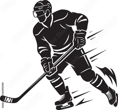 Silhouette of hockey player skating with stick and puck