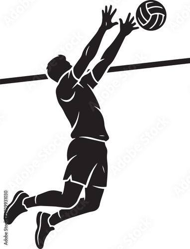 Silhouette of volleyball player reaching for ball over net