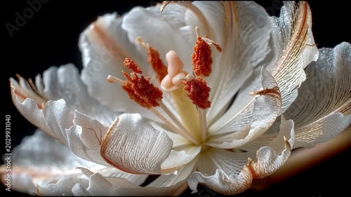Macro shot of a white blooming flower with translucent petals and orange stamens against a dark background.