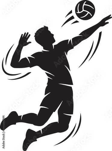 Silhouette of volleyball player mid-jump with ball motion