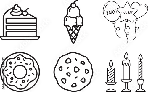 Slice of cake, ice cream cone, balloons, donut, cookie