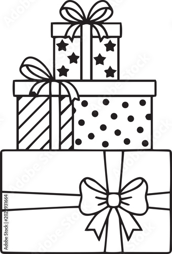 Stack of three patterned gift boxes with ribbons present