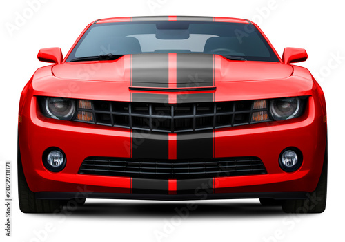 Fast and modern red car front view, in PNG format. With stylish black stripes in the center.