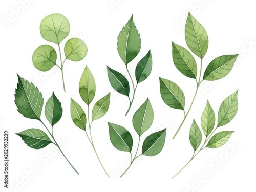 Assorted green leaves with delicate stems and veins