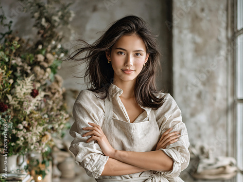 A woman in a linen apron poses against a neutral grey background, her hair gently tousled by wind.