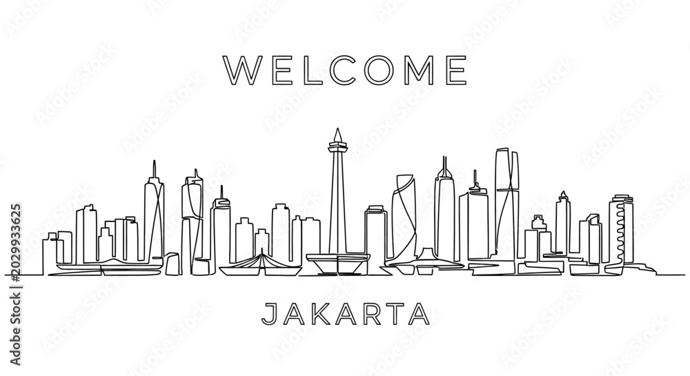 Fototapeta premium Jakarta Skyline Continuous Line Art Cityscape Illustration