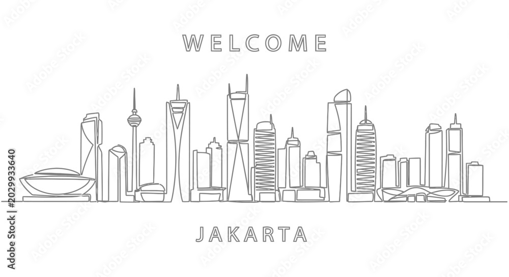 Fototapeta premium Jakarta Skyline Continuous Line Art Illustration, Welcome Sign