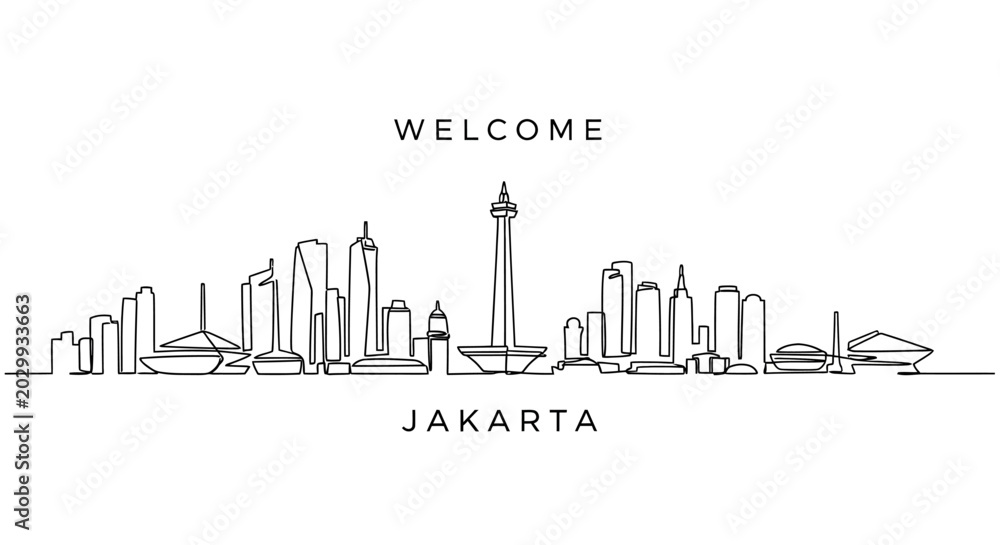 Fototapeta premium Jakarta Skyline: Continuous Line Drawing, Welcome Greeting