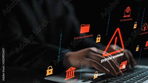 Valokuva Digital System Warning Alert with Icons on Laptop Keyboard During Cybersecurity Threat Representation and Data Protection Challenges in Technology Environment Gluon