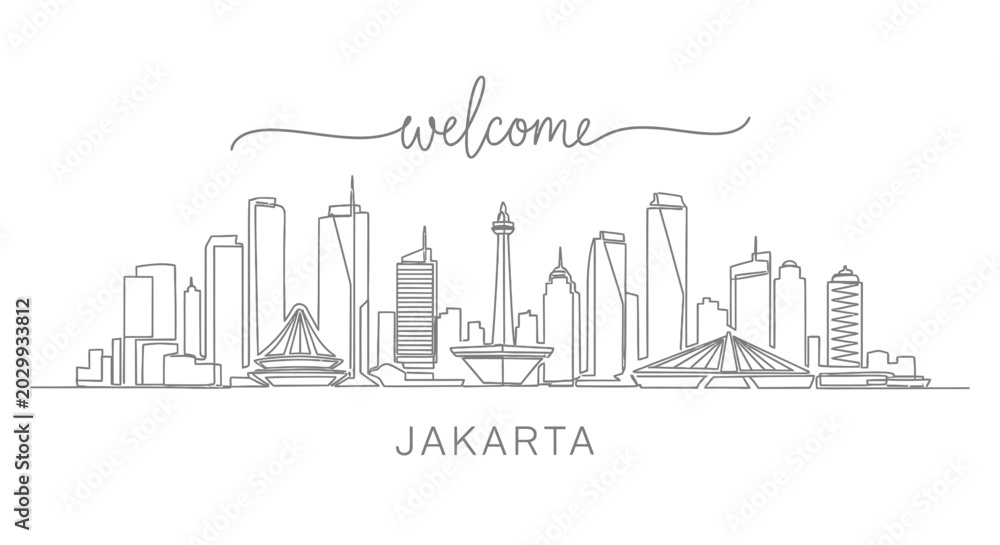 Obraz premium Jakarta Skyline Welcome Line Art - Monochrome Travel Illustration
