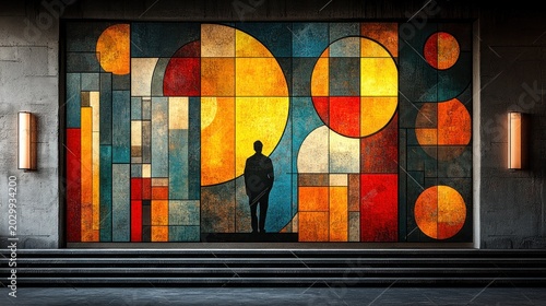 Abstract mural, geometric shapes, city scene
