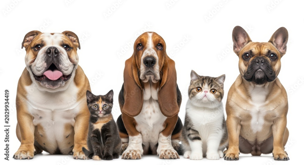 Obraz premium Group of Diverse Dogs and Cats Sitting Together in a Row Isolated on White Background