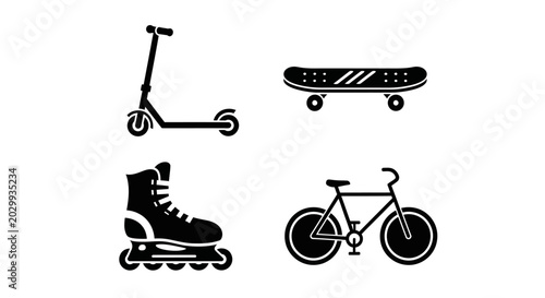 Set of black icons for urban transport: scooter, skateboard, roller skates, bicycle
