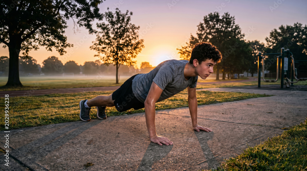 Fototapeta premium Man performing push-ups outdoors on a paved surface during golden hour, showcasing fitness and strength training in a natural outdoor setting.