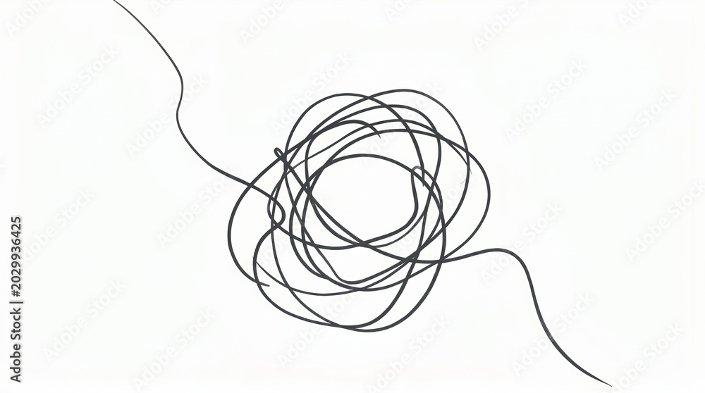 Obraz premium Abstract black tangled scribble line forming a messy circle shape isolated on a white background commercial photo