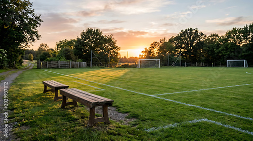 Sunset at an empty soccer field with benches